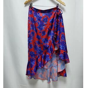 NWT NA-KD Wrap Over Satin Frill Skirt Red Blue Floral Lightweight Women Size 40